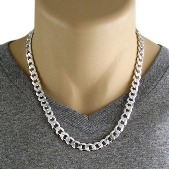 STERLING SILVER CUBAN CURB CHAIN NECKLACE 9MM (GAUGE 250) AVAILABLE IN 6 LENGTHS - Picture 2 of 2